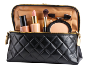  Side view of elegant leather makeup pouch with visible cosmetic tools isolated on transparent background