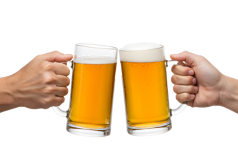 Cheers Two Hands Toasting Beer Mugs Frothy Golden Ale Celebration Friendship isolated transparant background