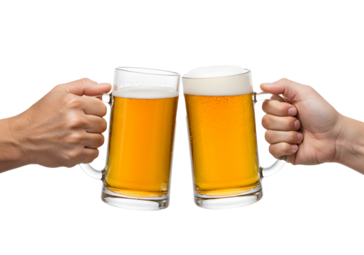Cheers Two Hands Toasting Beer Mugs Frothy Golden Ale Celebration Friendship isolated transparant background