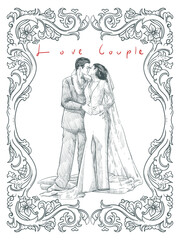 Bride and groom couple wedding person drawing with vintage ornament frame vector illustration. Adorable romantic moment, wedding day, marriage ceremony.