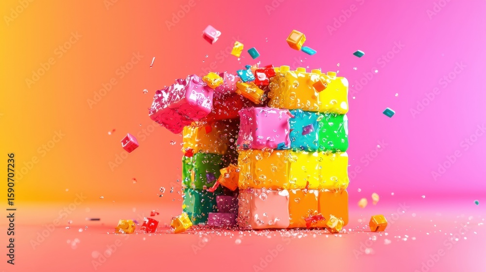 Poster layered isometric puzzle cube unfolds showcase vibrant animations within bright colors transition so