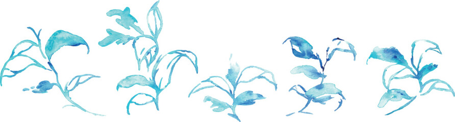 水彩画。水彩タッチの夏の水色草木背景。草木のベクターイラスト背景。Watercolor painting. Summer light blue grass and trees background with watercolor touch. Vector illustration background of grass and trees.