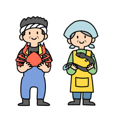 水産物を手に持っている漁師・魚屋さんのベクターイラスト