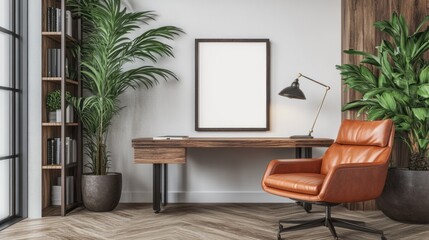 Modern home office with wooden furniture and plants.