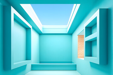 Modern minimalist interior with turquoise walls and skylight, showcasing architectural geometry and clean lines
