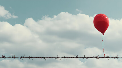 A lone red balloon is caught on harsh barbed wire under a cloudy sky, symbolizing confinement and lost freedom.

