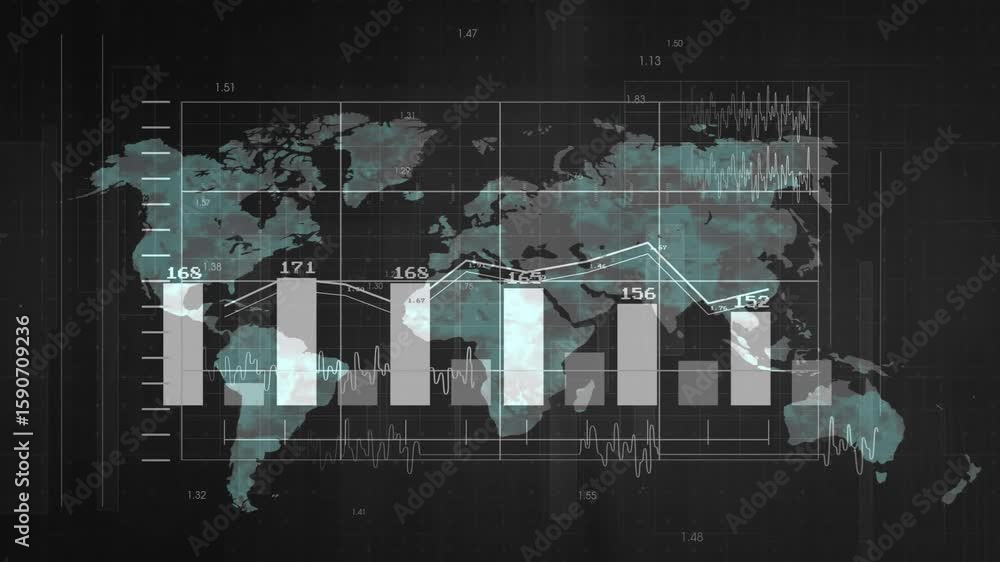 Poster upon start bars fading in with labels over world map silhouette and lines animating data updates