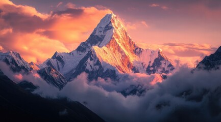 Majestic mountain peak bathed in golden sunset light, clouds swirling around its base