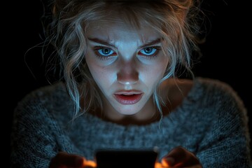 shocked individual realizes they sent message wrong person while looking their glowing smartphone, illuminated in warm light revealing their wide eyes and expression of disbelief