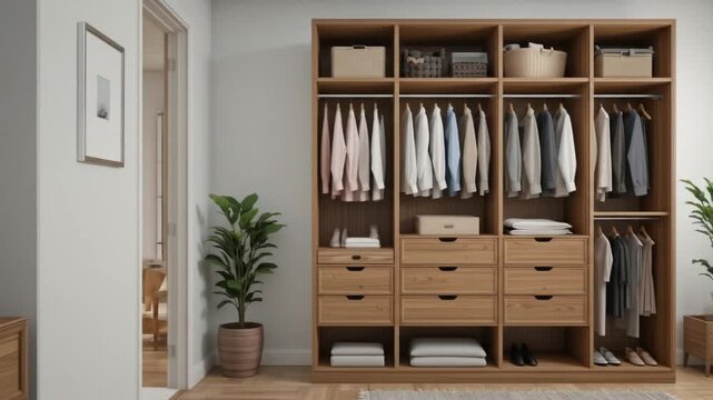Wooden wardrobe with tiered design, compact home interior storage. Wardrobe with clothes, drawers, shoes, shelves. 4k video