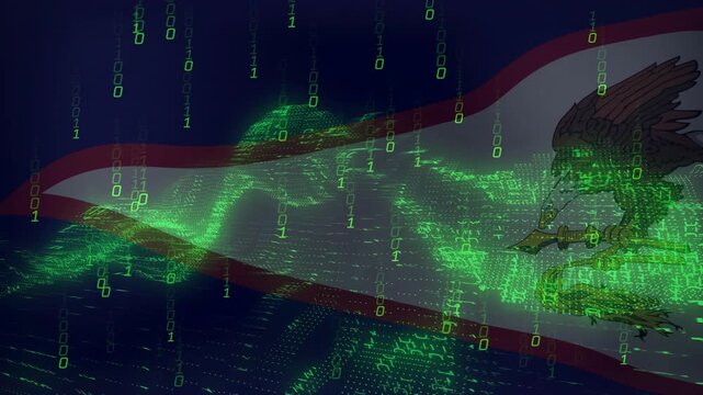 Falling green binary digits landing on American Samoa flag forming patterns to show data flow
