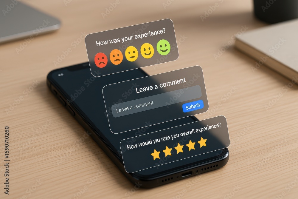 Poster smartphone displaying customer feedback interface with ratings, comment box and experience score