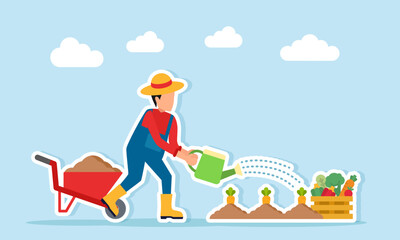 Farmer watering plants in a farm field near a sand cart and a basket filled with vegetables, illustration of effective and efficient farmland management