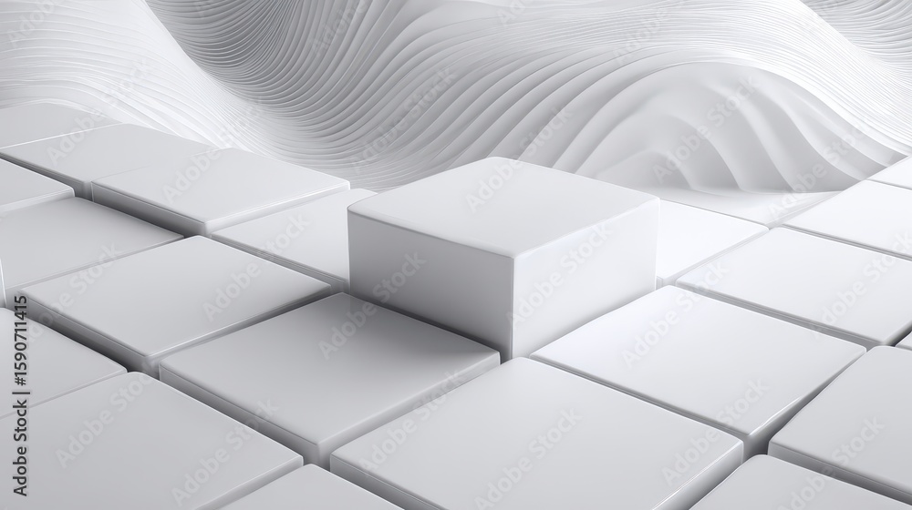 Poster minimalist 3d abstract design featuring raised white cubes and smooth flowing wave patterns in the b