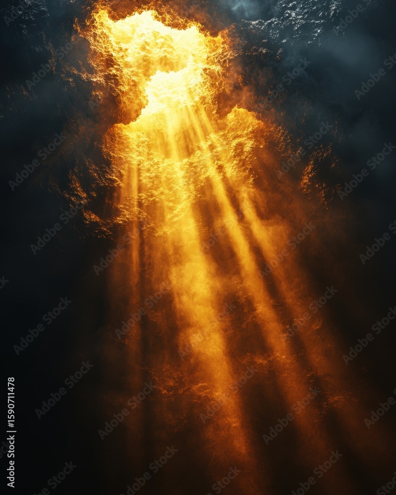 Poster bright rays of yellow and white light emerge through layers of darkness, representing first light of