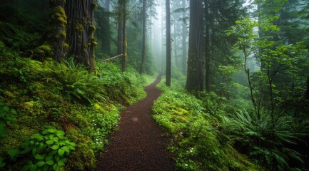 Obraz premium Misty forest path winding through lush greenery (5)