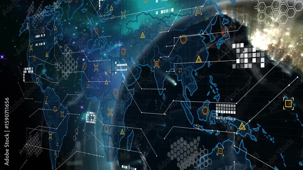 Poster opening space driving 3d globe rotating revealing pulsing lights grids visualizing network flows