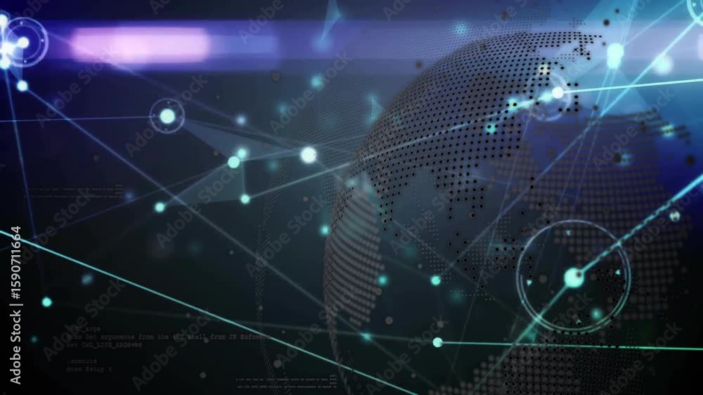 Poster neon lines merging into globe forming rotating linking nodes and ring ripples showing data flow