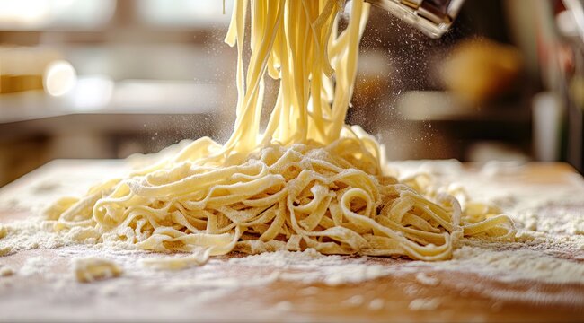 Fresh pasta being poured onto a floured surface - Powered by Adobe