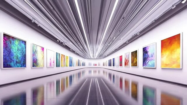 A modern art gallery hall showcases vibrant abstract paintings under bright linear lighting.