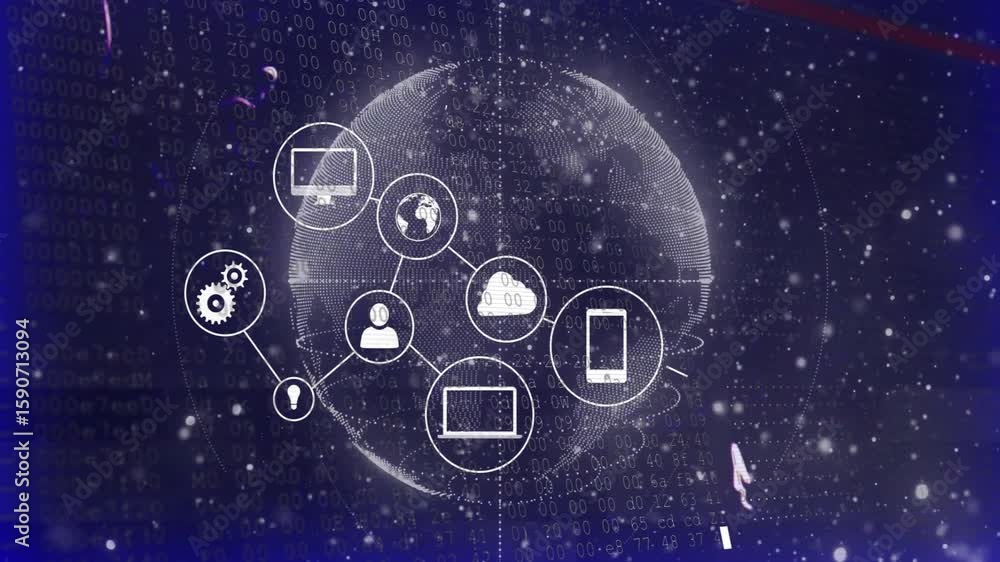 Poster opening void with code, rotating globe spawning cloud icon, linking nodes for visualizing network