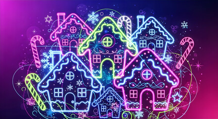 Colorful Neon Gingerbread Houses with Candy Canes and Snowflakes – Christmas Holiday Background