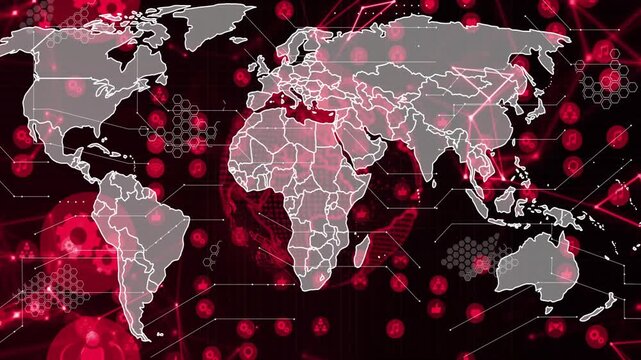 Dark red frame opening drawing white world outlines and pulsing hex clusters showing data flow