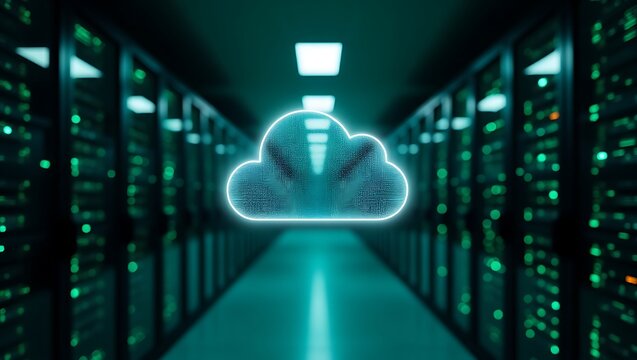 A glowing cloud hovers in a server room