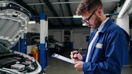 Mechanic in a blue uniform inspects a car engine, writing on a clipboard. Side angle captures a workshop setting, resembling a tutorial video.