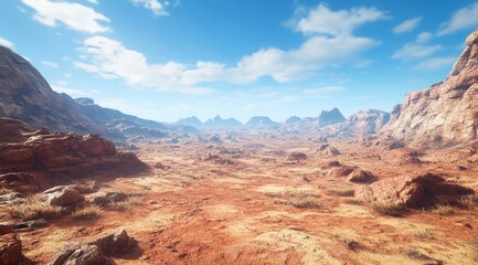 Sunny desert landscape with rocky peaks