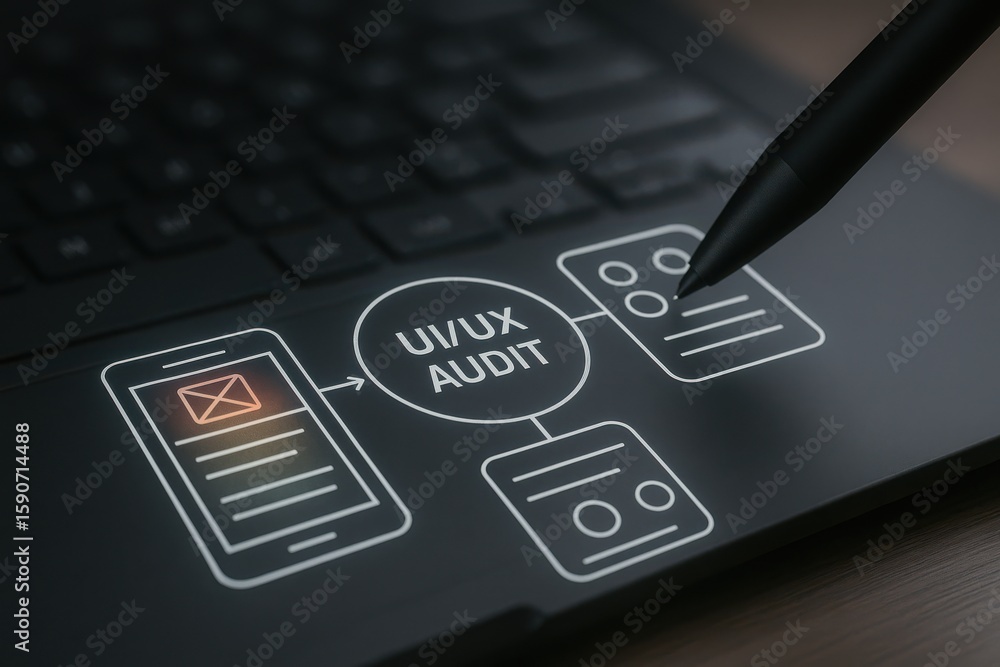 Aufkleber digital ui/ux audit diagram on laptop keyboard with wireframe icons and stylus highlight for interfa