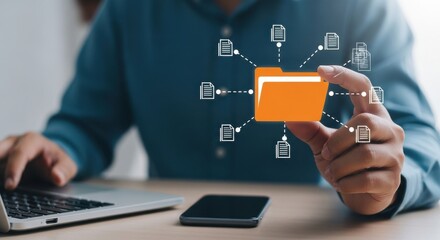 Digital File Management Concept with Person Organizing Files into a Folder on Screen