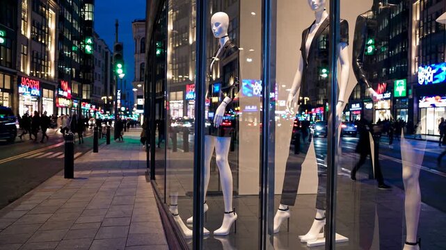 Street-level video shot of a city at dusk, showcasing mannequins in a store window. The vibrant city lights create a lively urban atmosphere.