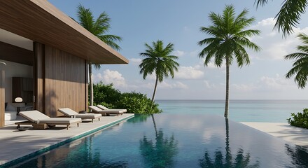 Fototapeta premium Luxurious Tropical Villa with Infinity Pool Palm Trees and Ocean View