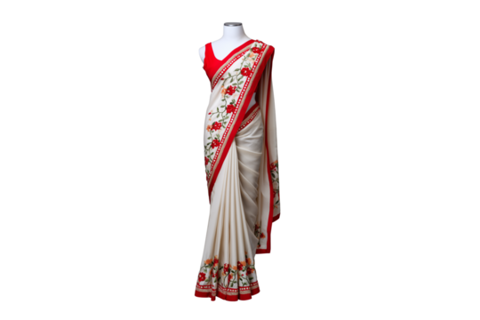 An off-white sari with a red border and floral print on the sides, isolated on a transparent background.