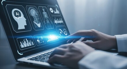 Doctor using laptop with medical data and human body scans for diagnosis and treatment planning