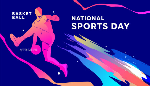 Vibrant National Sports Day illustration showing a colorful basketball player in motion with dynamic strokes and text elements on a bold blue background. Great for athletic or event promotions.