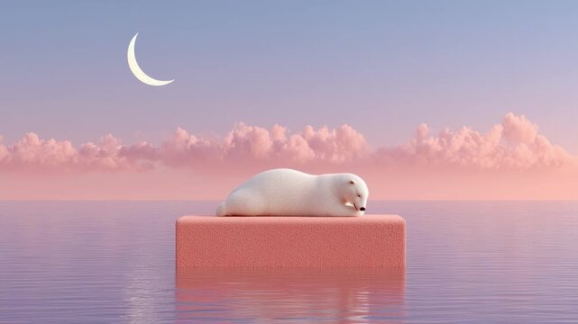 (Loop) Dreamy Polar Bear Resting on Ice Block at Moonlight
