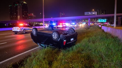 Overturned black car resting upside down on grass beside highway, viewed from rear and side angle, with police vehicles and flashing lights nearby indicating serious traffic accident scene