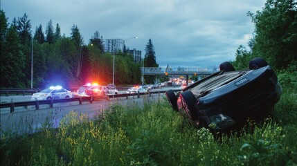 Overturned black car resting upside down on grass beside highway, viewed from rear and side angle, with police vehicles and flashing lights nearby indicating serious traffic accident scene