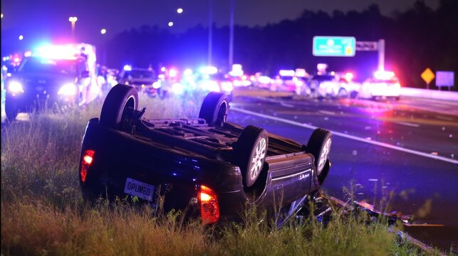 Overturned black car resting upside down on grass beside highway, viewed from rear and side angle, with police vehicles and flashing lights nearby indicating serious traffic accident scene