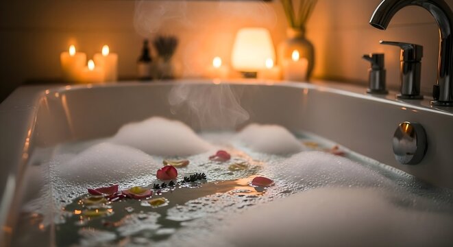 Soothing bubble bath with steam, rose petals, and candles