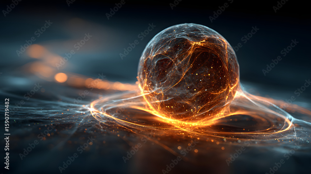 Poster glowing orange sphere is surrounded by a blue background. the sphere is surrounded by a series of gl