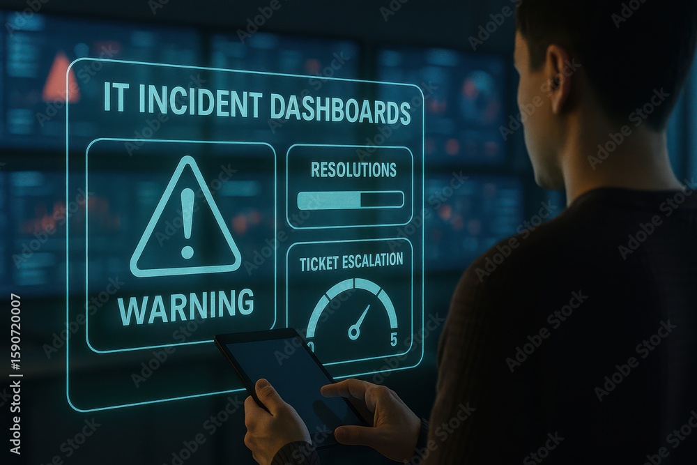Aufkleber man reviewing it incident dashboard with warning icon, resolution progress and ticket escalation met