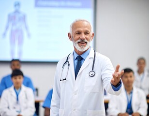 Close-up of a distinguished, senior doctor is passionately delivering a lecture in a university hall. He is looking out towards his students with an engaging.