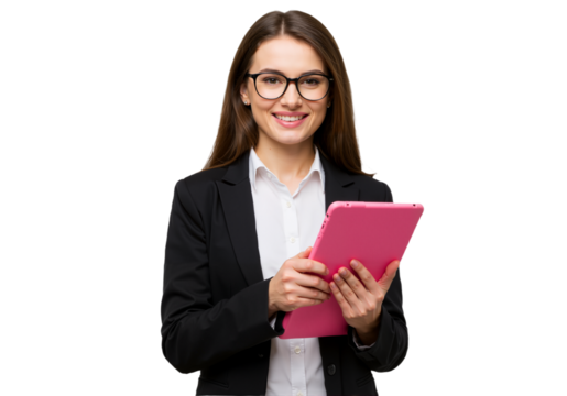 Portrait of a Smiling Young Businesswoman Wearing a Black Blazer and Holding a Tablet with Both Hands – Isolated on White Background, Suitable for Marketing or Business Use (PNG File)