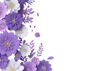 Floral border design with shades of purple and white.  3D paper flowers and foliage cascade down a black background