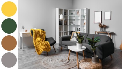 Interior of modern living room with sofa, armchair and shelving unit. Different color patterns