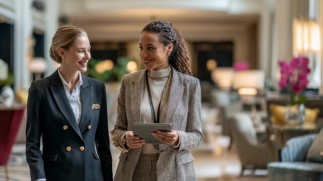A professional hotel concierge dressed in a crisp uniform walks alongside a satisfied guest in the lobby. The guest holds a tablet indicating her preference while discussing potential