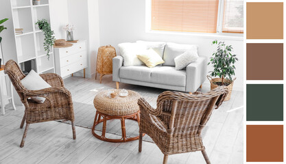 Fototapeta premium Interior of cozy living room with rattan armchairs and table